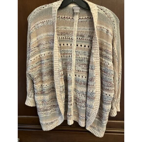 Chico’s Striped Mixed-Yarn Cocoon Cardigan Women’s Size M Open Front Curved Hem - Picture 1 of 11